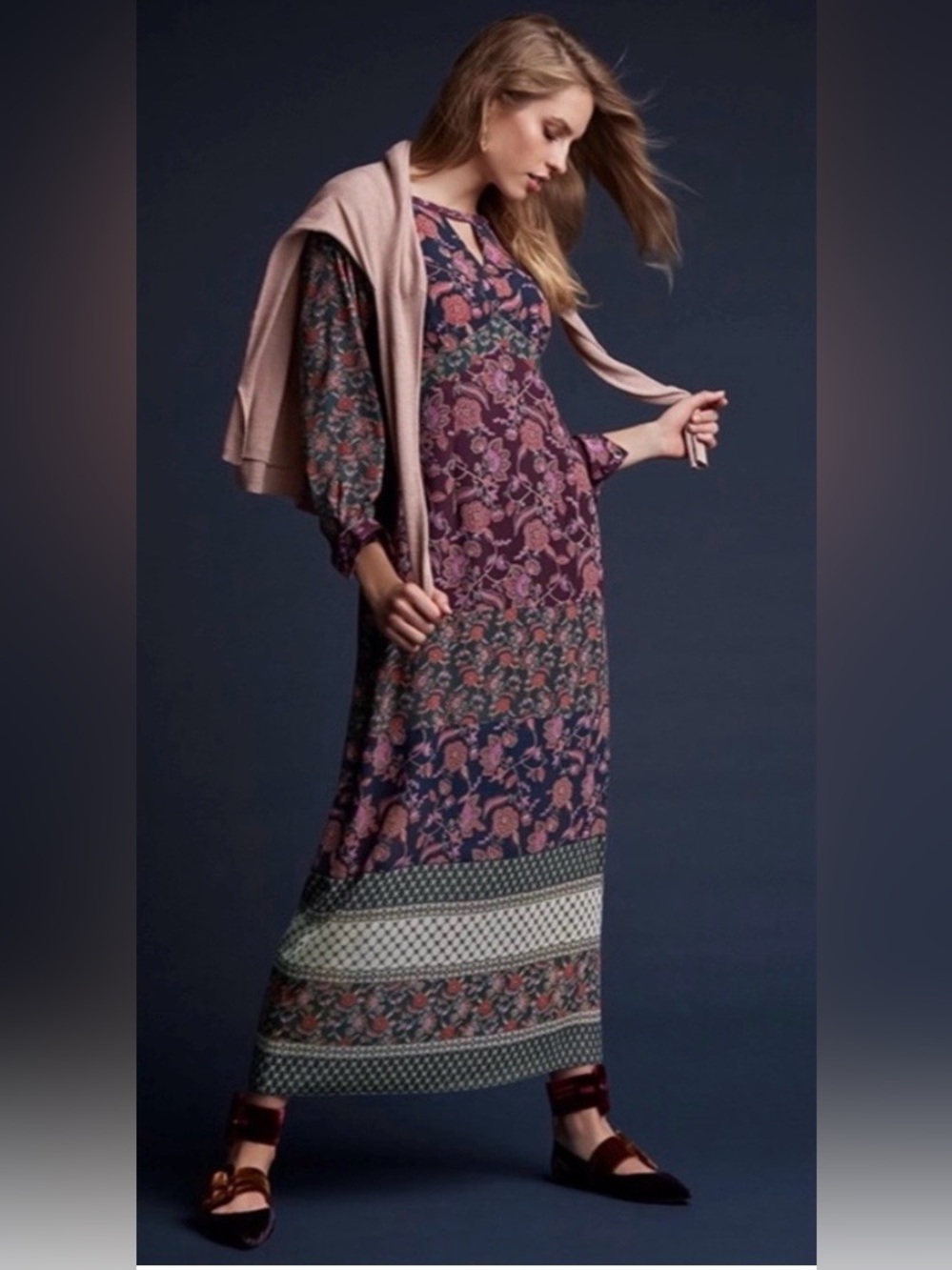 Cabi Festive Floral Boho Retro Long Sleeve Maxi Dress Large